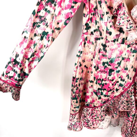 Rococo Sand Mimi Wrap Dress Print Pink Ruffle Long Puff Sleeve V-Neck Sz L - Picture 8 of 12